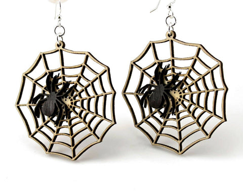 Spider Web Earrings: Black Satin/Natural Wood