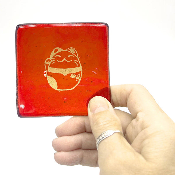 Maneki Neko Lucky Cat Handmade 2.75" Fused Glass Small Dish