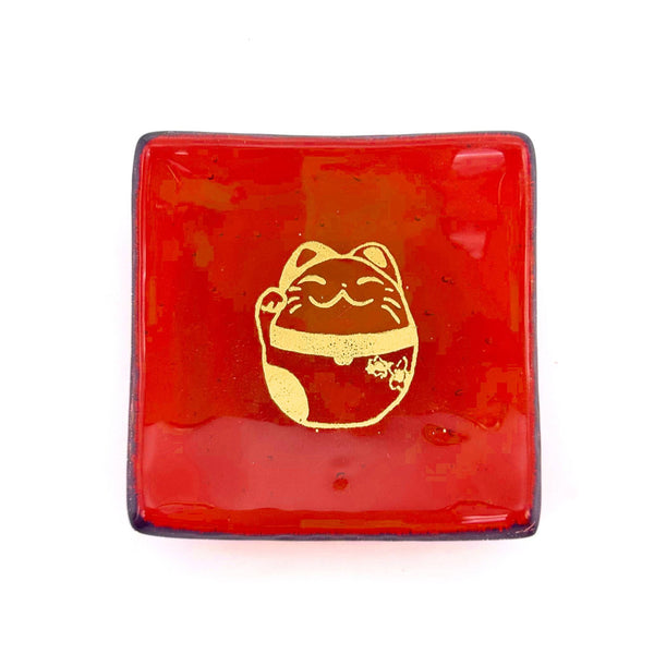 Maneki Neko Lucky Cat Handmade 2.75" Fused Glass Small Dish