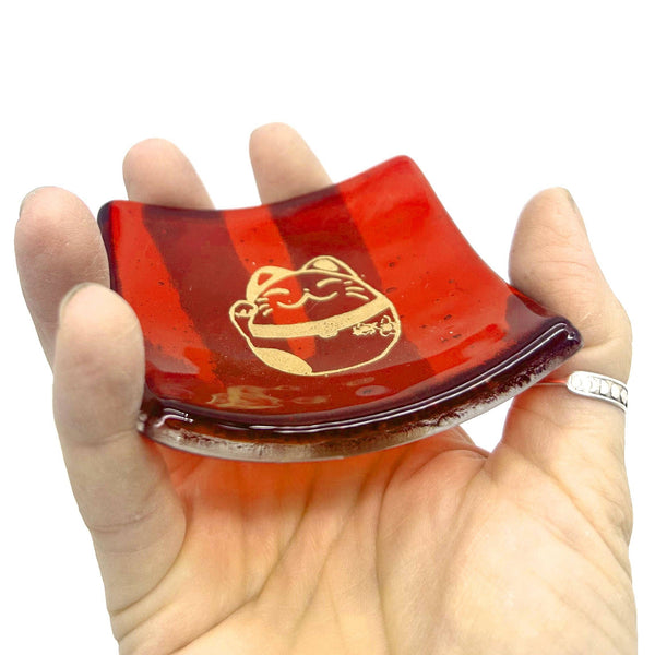 Maneki Neko Lucky Cat Handmade 2.75" Fused Glass Small Dish
